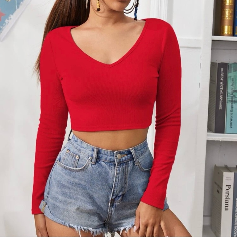 Red Long Sleeve Crop Top with Tie Open Back